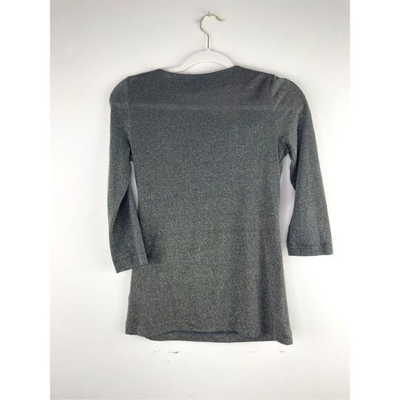 DELETTA Anthropologie Gray Metallic Shirt S Keyhole Bow 3/4‎ Sleeve Stretch Size - Picture 6 of 8